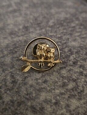 Avon Gold Owls Brooch Pin on Branch